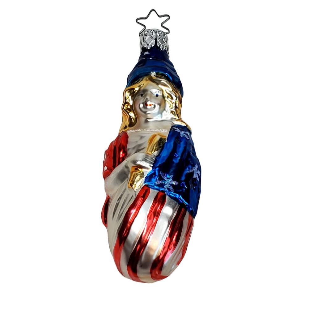 Vtg Lady Liberty Glass Christmas Ornament Woman Cloaked in American Flag